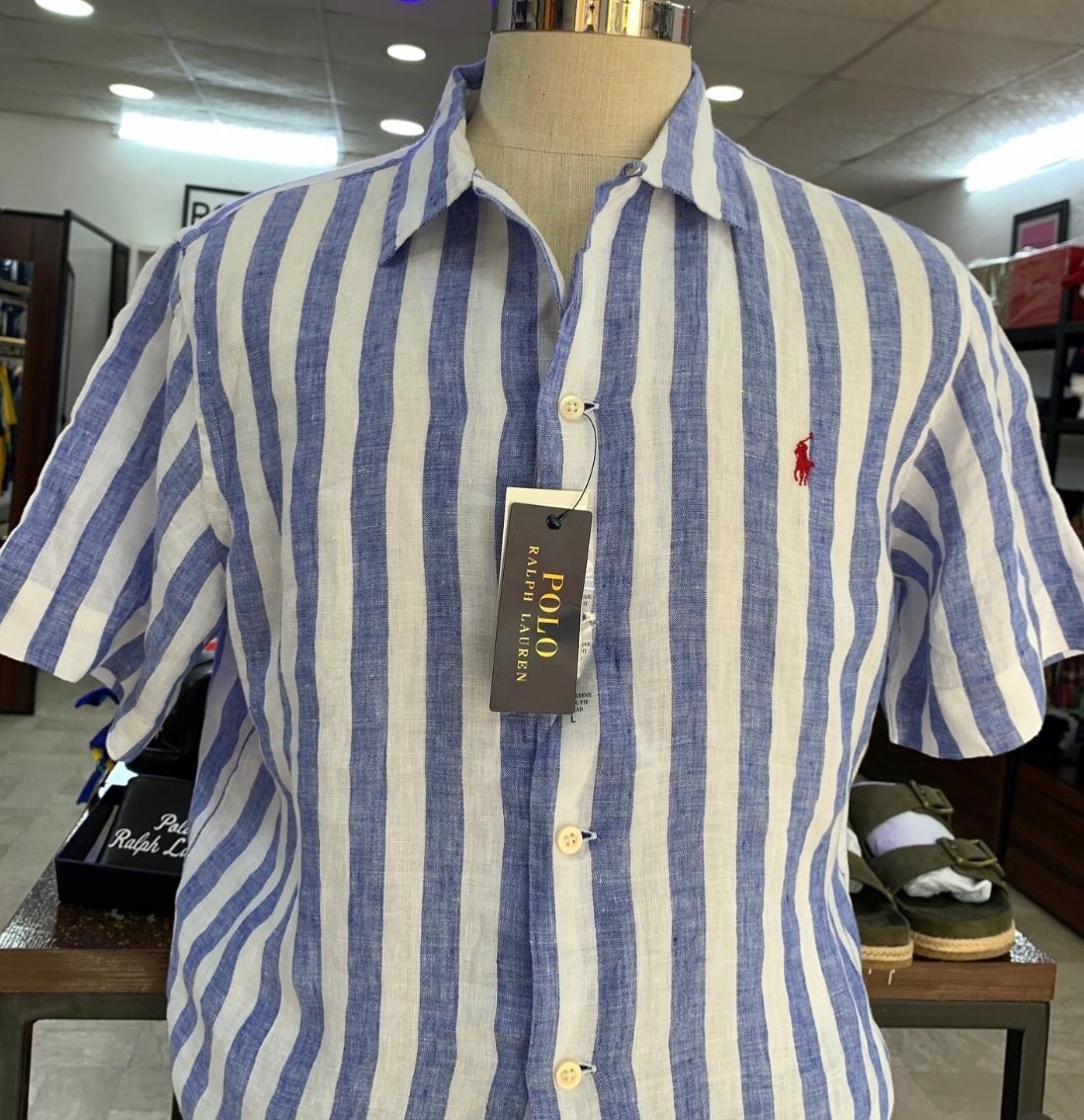 Polo Ralph Lauren BLUE & WHITE STRIPE LINEN Short Sleeve Classic
