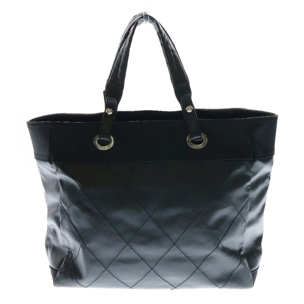 CHANEL Paris Biarritz GM Black Leather & Canvas Tote with Silver Hardware A34209
