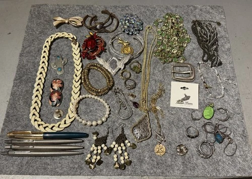 Grandpas Vintage Junk Drawer Lot Collectibles Sterling 925, Costume Jewelry...