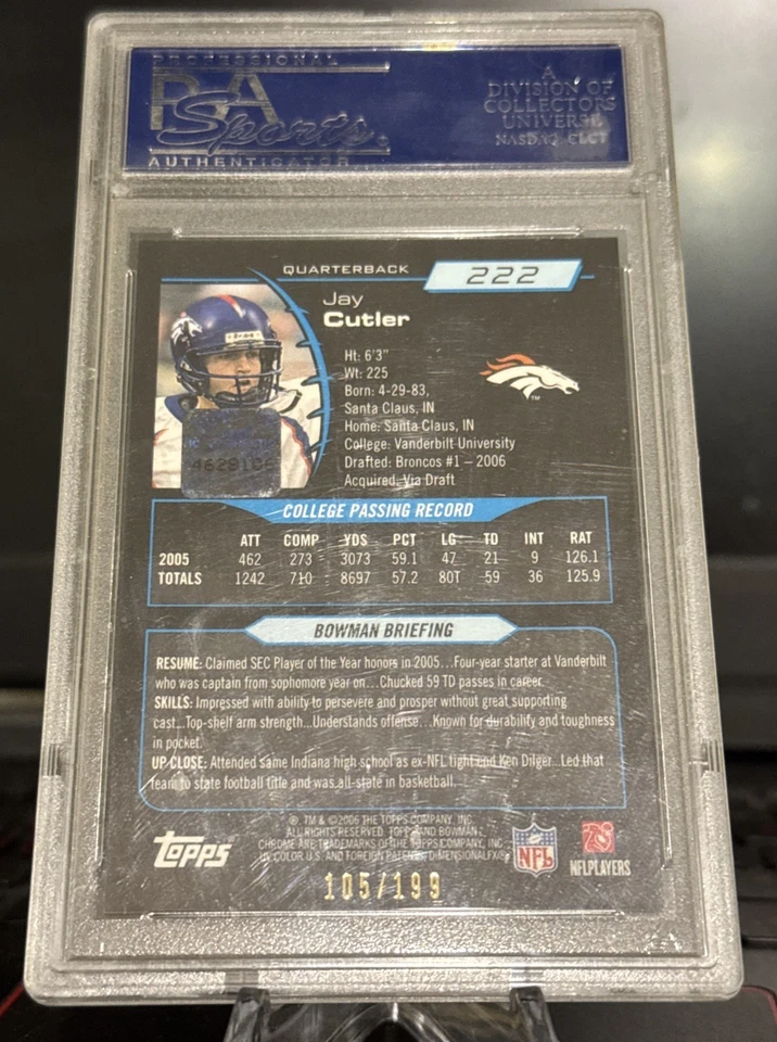 POP 1!!! Bowman Chrome #222 Jay Cutler Broncos 2006 radiocontrol novato automático/199 PSA 10 Foto 2 de 2