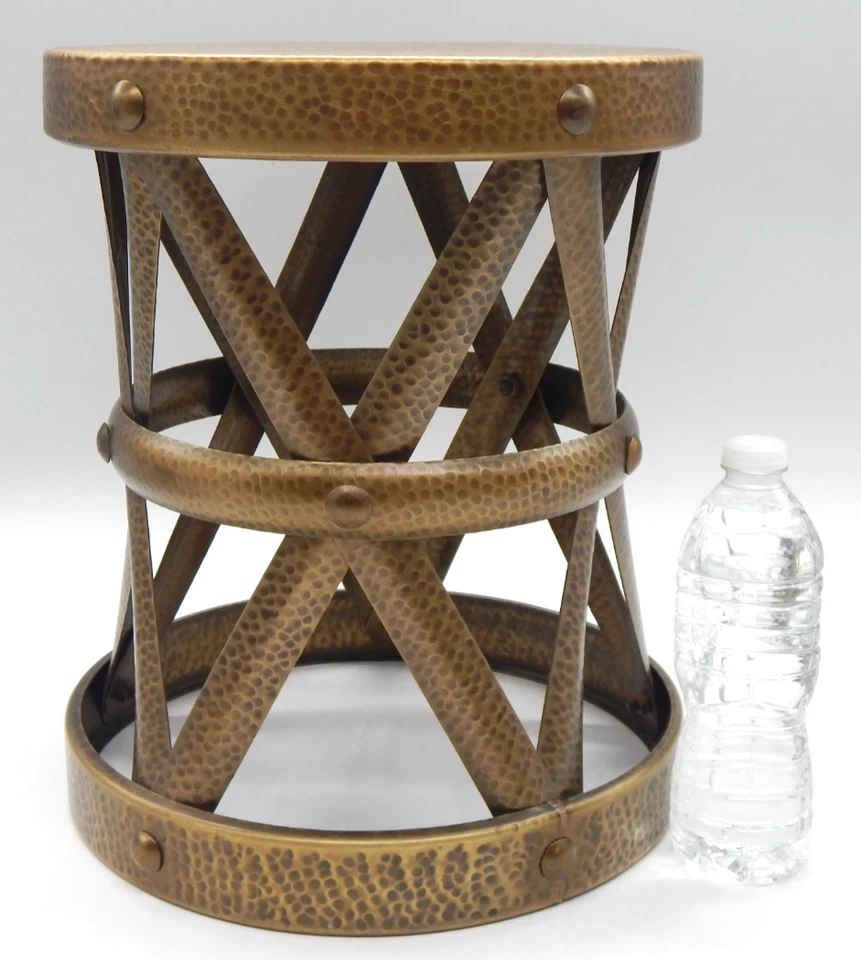 Restoration Hardware NEW Hollywood Regency Hammered Metal Lattice Drum Table - Image 3 of 4