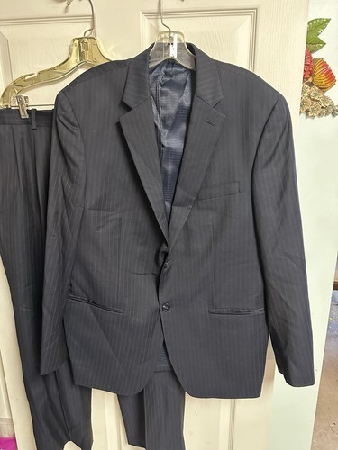 Tasso Elba Wool Men 42r Black Striped 2PC Suit Pleated Pants 39x29 Macys Jacket - Picture 3 of 16