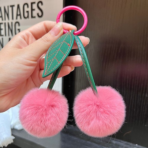 Cute Real Rabbit Fur Cherry Keyring Fur Ball Pompom Bag Charm Car Phone Pendant - Picture 2 of 7