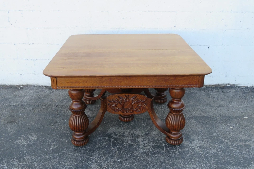 Victorian 1880s Tiger Oak Heavy Carved Dinette Dining Table and 3 Leaves 5754 - Image 3 of 4
