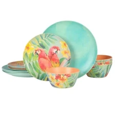 Laurie Gates Tropical Parrots 12 Piece Melamine Dinnerware Set in Assorted Desig