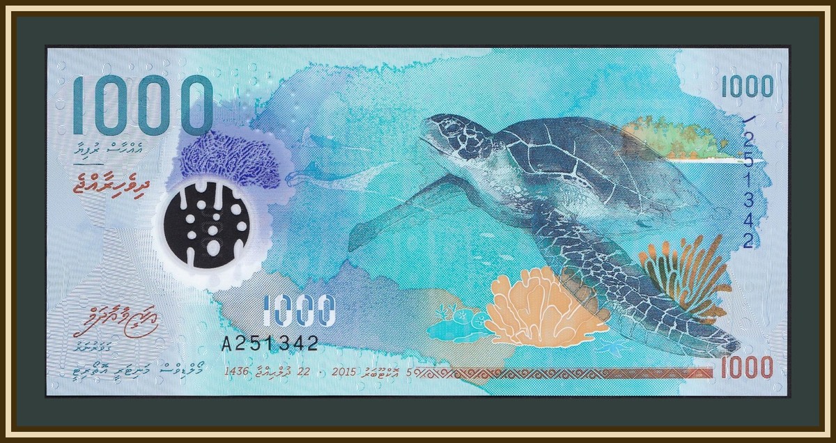 モルディブ　紙幣　1000 Rufiyaa ルフィヤ Maldives, 1000 Rufiyaa, 2015 (2016), P-31, Polymer UNC New