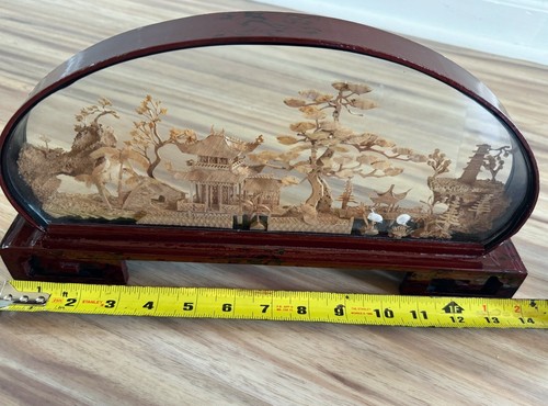 Antique Chinese Cork Wood Engraved Scene Artwork Lacquer Handcrafted VTG Asian - Picture 6 of 9