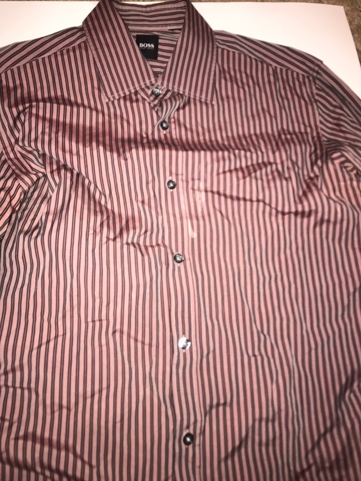 Chemise Homme Hugo Boss Taille L Rose à Rayures - Manches Courtes, Col Boutonné, Occasion Très Bon état