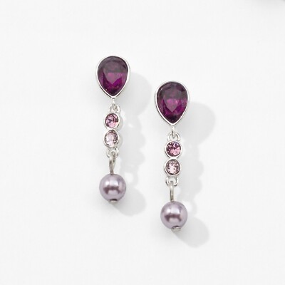 Touchstone Crystal by Swarovski ROYAL DROP Earrings Amethyst Iris Rhodium Plated
