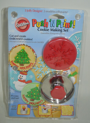 Wilton Push 'N Print Embossed Cookie Making Set Christmas Tree Snowman Snowflake