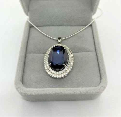 Certified 12 Ct Natural Heated Kashmiri Blue Sapphire Necklace w/Double Halo