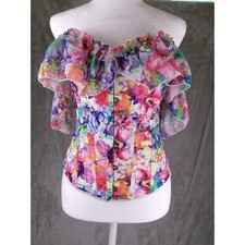 Floral Overbust Corset Top S Boned Lace Up Ruffle Cottagecore Renaissance