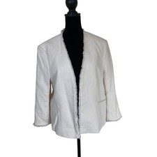 Cream Boucle Open Front Blazer Fringed Trim Ivory Cotton Blend Jacket Size L
