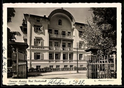 Bad Reichenhall, Hotel-Pension Aurora mit Straßenpartie, Ansichtskarte 1956 