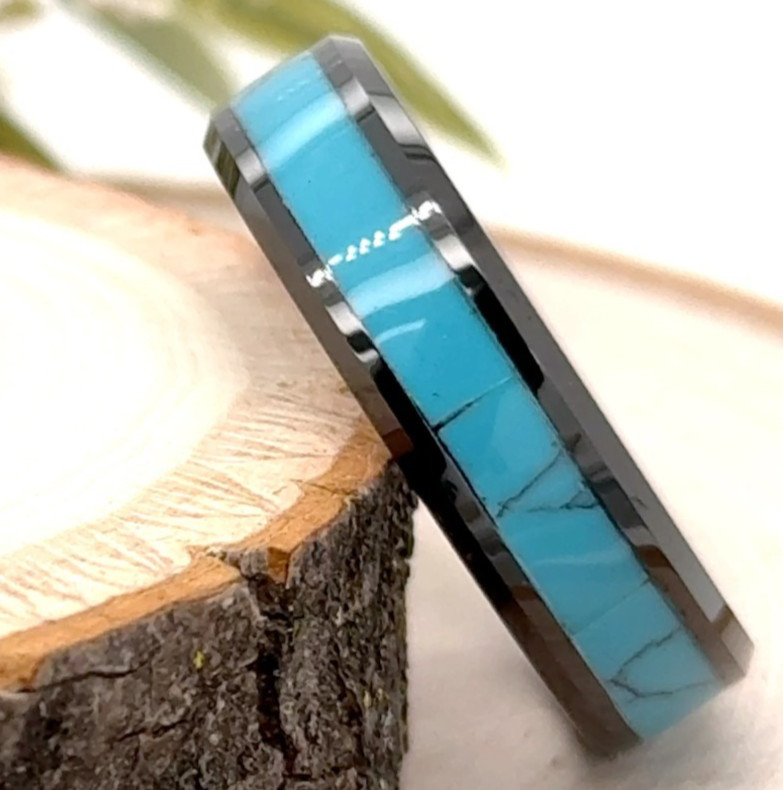 Tungsten Carbide Ring 6mm – Black Domed Band With Crushed Blue Turquoise Inlay
