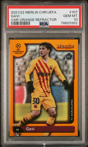 2021 TOPPS MERLIN CHROME GAVI IMAGE VARIATION ORANGE REFRACTOR /25 RC PSA 10