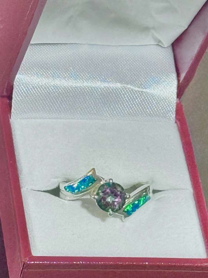 Vintage Blue Opal And Rainbow Mystic Topaz 925 Sterling Silver Ring - Image 2 of 4