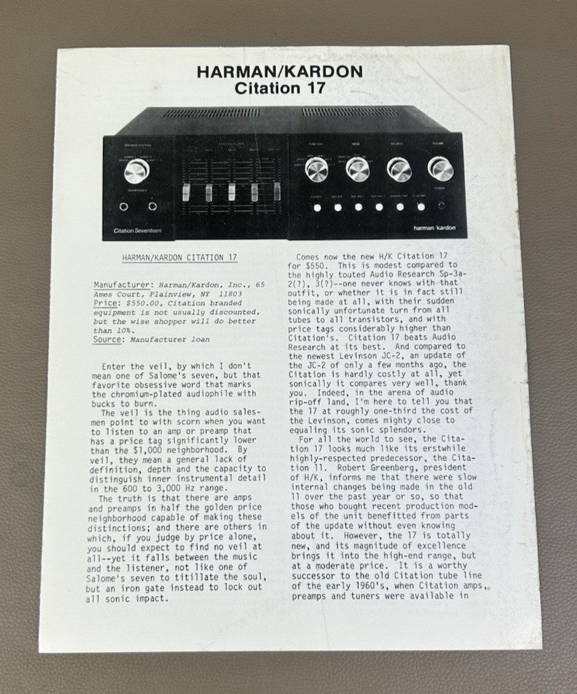 Harman Kardon Citation 17 Brochure D-1651