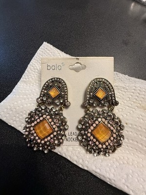 Bala Gold Tone Drop Earrings Filigree Amber Orange Faux Stone Pink Rhinestones