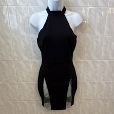 STEPS Black Rhinestone Mesh Halter Bodycon Mini Dress Strappy Sleeveless S