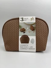Glotech 3 Piece Set Cosmetic Bags *2  + LED Compact Mirror Set - Brown Glo Tech