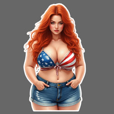 Pinup Girl Redhead Sticker Vinyl Decal Curvy Thick Bikini Flag Shorts 7"