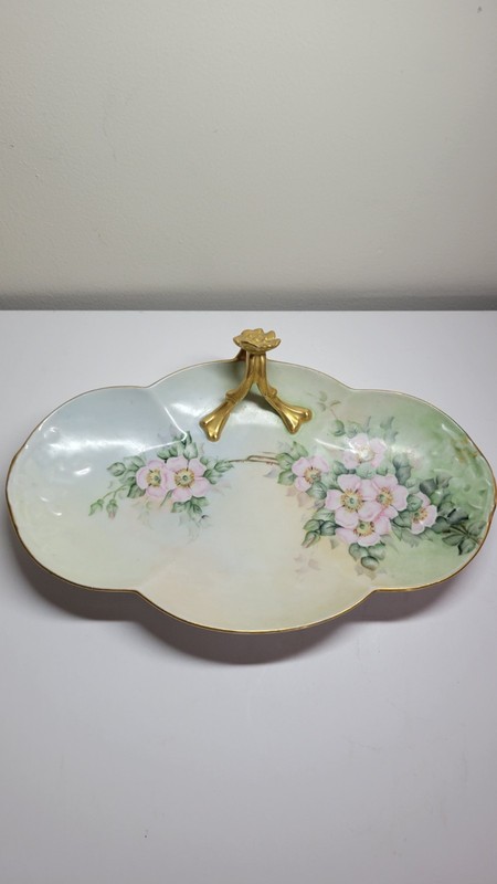 William Guerin Limoges Split Handle Tray Hand Painted Flowers