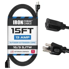 Iron Forge Cable 15 Ft Black Extension Cord, 16/3, 15 Foot Extension Cord, 3 Pro