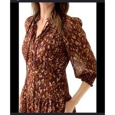 Vince Camuto Womens Abstract Print Ruffle Neck Smocked Midi Dress Plum Gold 4