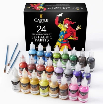 Castle Art Supplies 3D Fabric Paint Set | 24 Quality Vibrant Colours in 29ml