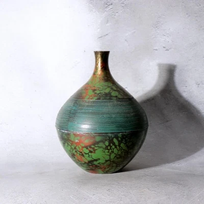 Japanese Metal Alloy Vase Mottled Green Patina Textured Band BV770 - Image 1 of 4
