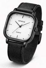Geneva Quartz Unisex Armbanduhr Schwarz Weiß Leder Band Neu