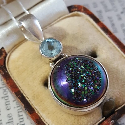 925 Sterling Silver Necklace, Druzy Mystic Topaz And Blue Topaz Pendant - Image 1 of 4