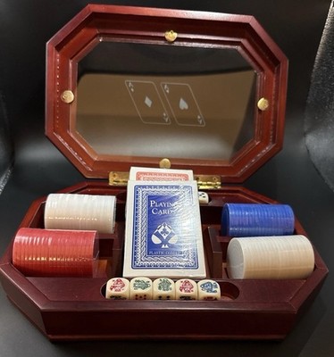 Poker Chip Set with Red White Blue Chips, Cards, Dice in Wooden Display Box
