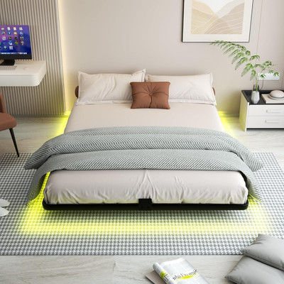 Modern King Floating Bed Frame with LED Lights - Easy Assembly, No Box Spring