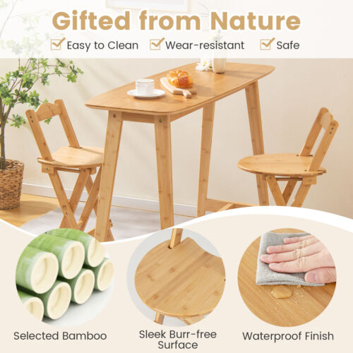 Giantex 2-Pack Folding Bamboo Bar Stools Wooden Counter Height Dining Chairs No - Picture 5 of 7
