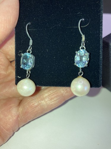 GORGEOUS BOXED STAUER STERLING SILVER TOPAZ AND PEARL DANGLE EARRINGS