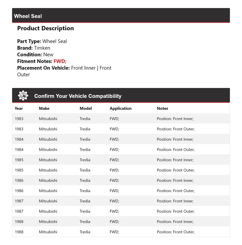 Sello de rueda para Mitsubishi Tredia 1983-1988 tracción delantera Timken 1984 1985 1986 1987 Foto 2 de 4