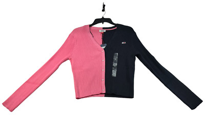 Tommy Jeans Sweater Womens Size Xlarge Navy Blue Pink Long Sleeve Vneck New