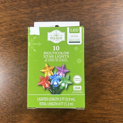 Holiday Time 10 Multi Mini Star LED Christmas Lights Green Wire Battery Powered