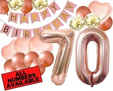 70th Birthday Decorations For Her - Pink and Rose Gold Theme - Balloons, Banner