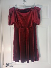 Redherring Vintage 90 y2k Skater Dress Sz12 Red Bardot Stretch Short Soft Velvet