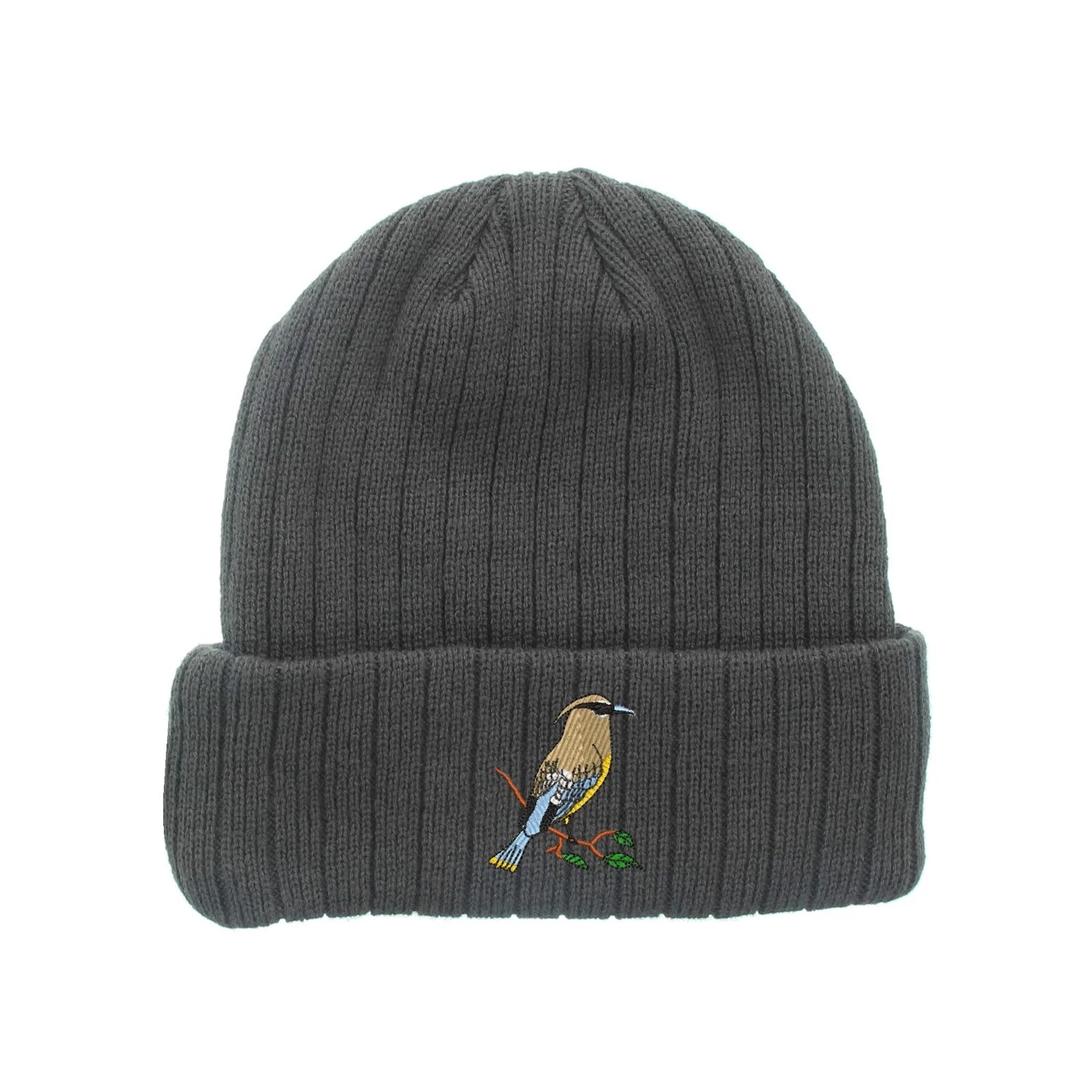 Cedar Waxwing bird embroidered fleece beanie hat, insulated winter beanie hat