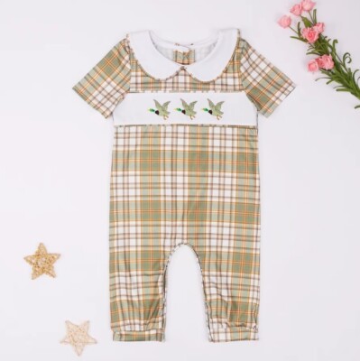 NEW Boutique Embroidered Duck Mallard Baby Boys Plaid Romper Jumpsuit