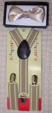 Kids Boys Girls Beige Adjustable Bow Tie  Beige and White Stripes Suspenders
