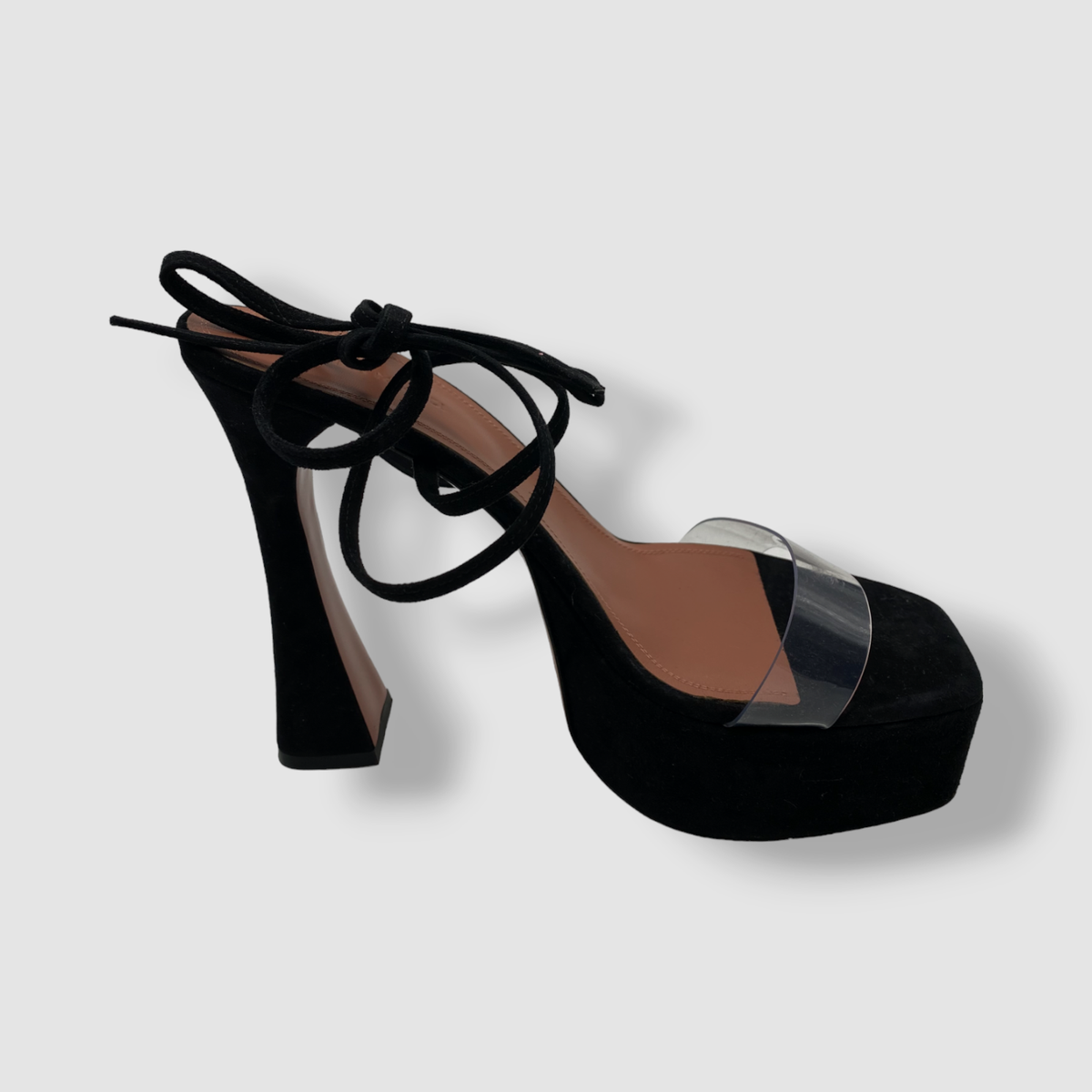 $910 Amina Muaddi Women's Black Sita Ankle-Tie Suede Sandals Shoes Size 42