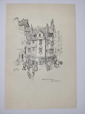 Antike Bleistiftzeichnung Druck 1926 Edinburgh Skizze John Knox's House High Street