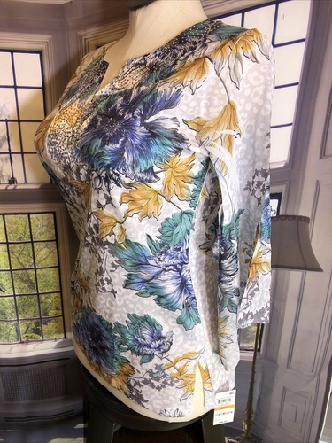 Jm Collection S NWT Blooming Sketch Brush Floral Embellished Top Blouse V $47 - Picture 7 of 12