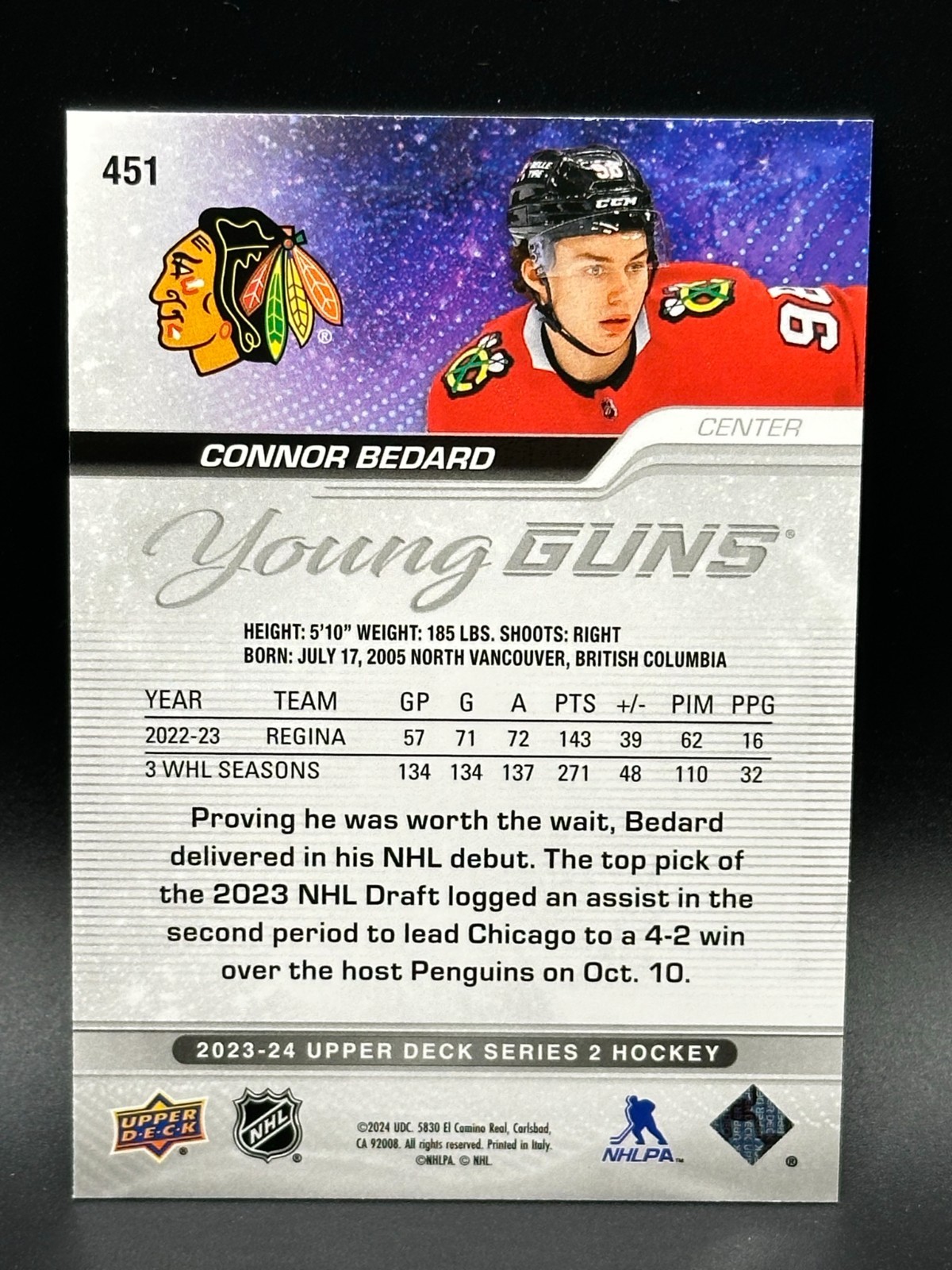 2023-24 Upper Deck Series 2 Connor Bedard #451 Young Guns RC Blackhawks view 2