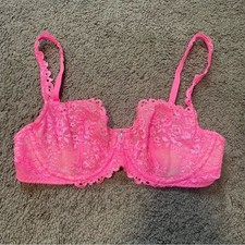 Victoria's Secret Bubblegum Neon Pink Unlined Demi Bra Sz 32D Lace Bow Babydoll